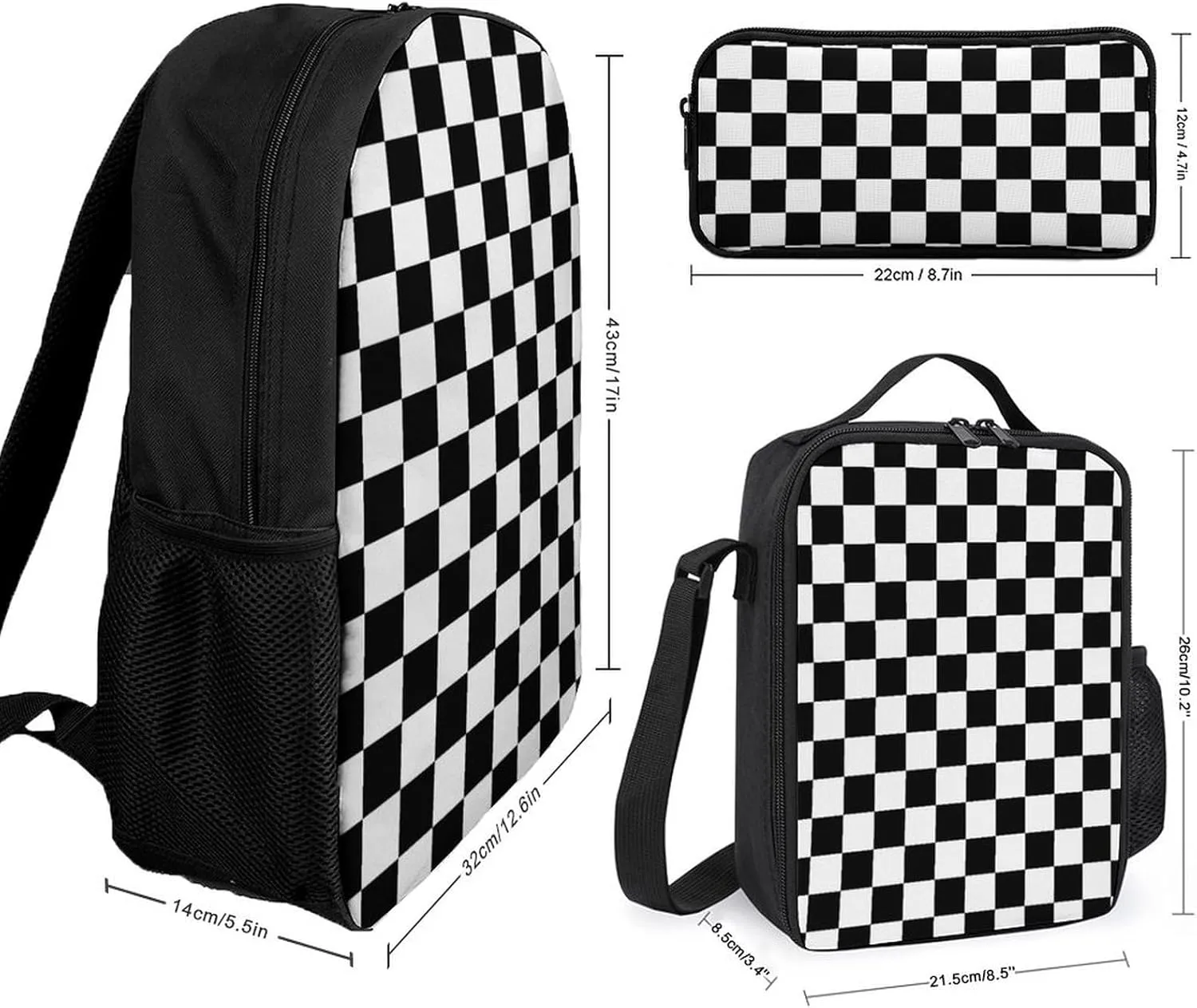 Black White Checkered 17 Inch Backpack Diagonal Lunch Bag Pencil Case Set Unisex