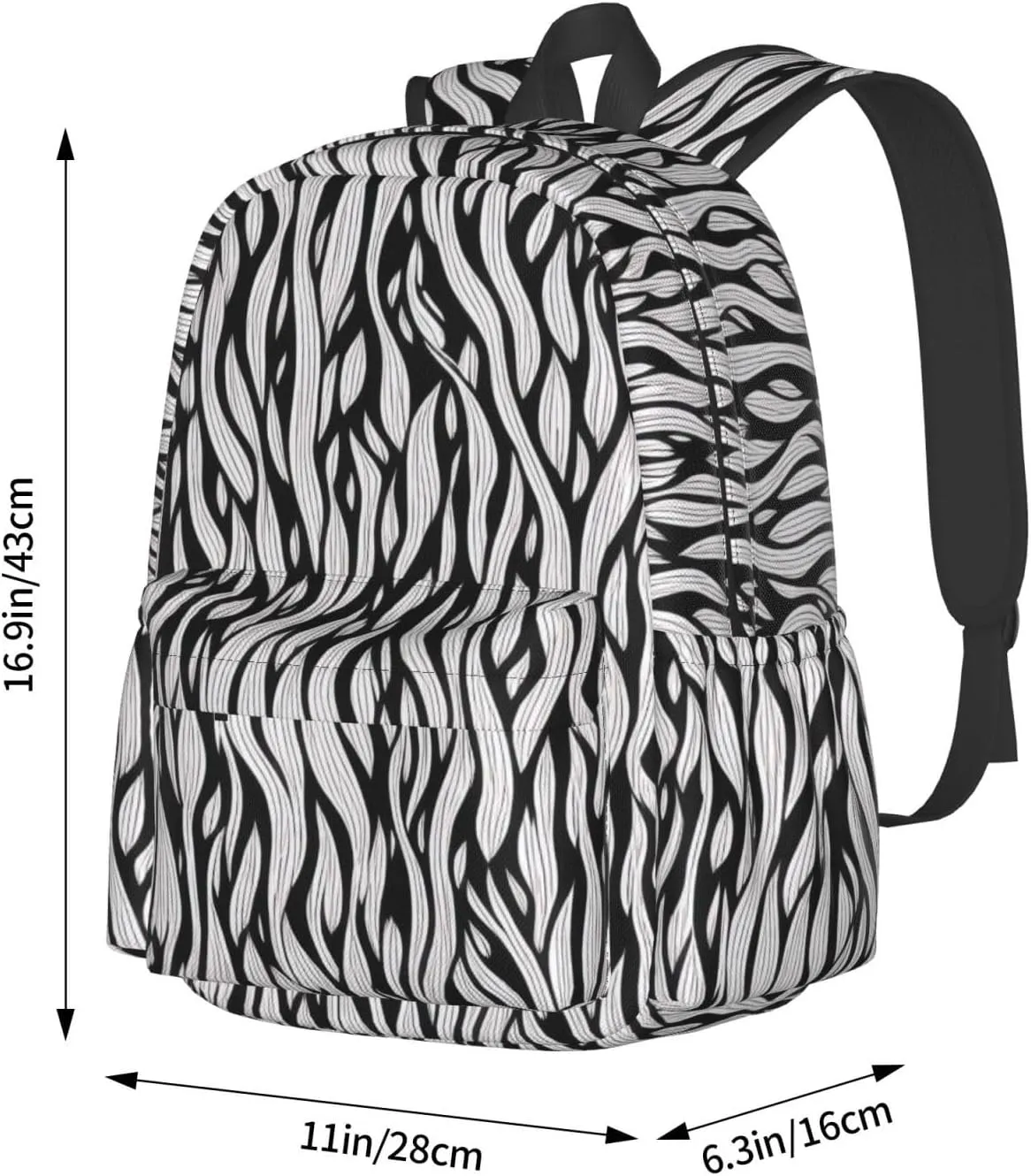 Black White Texture Print Patterns Backpack Print Shoulder Canvas Bag Travel Large Capacity Casual Daypack With Side Pockets
