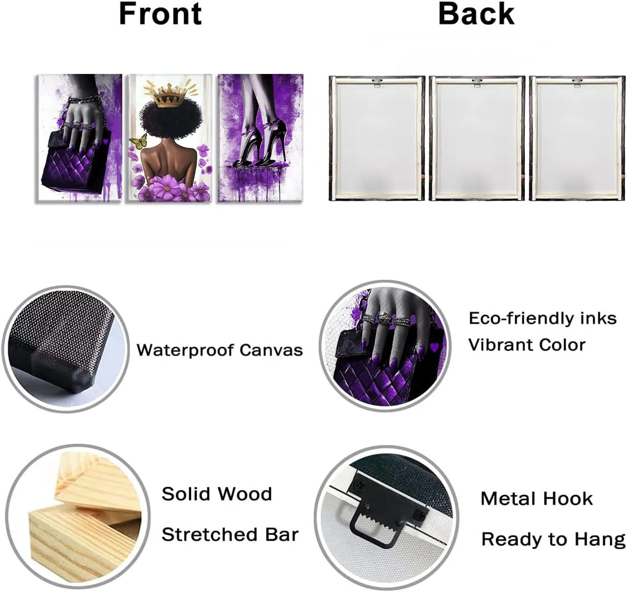 Black Woman Canvas Wall Art African American Wall Decor Purple Fashion Girl Picture High Heel Shoes Handbag Painting Abstract Prints Bedroom Living Room Decor Framed(Art-1,11.00"x14.00"x3P)