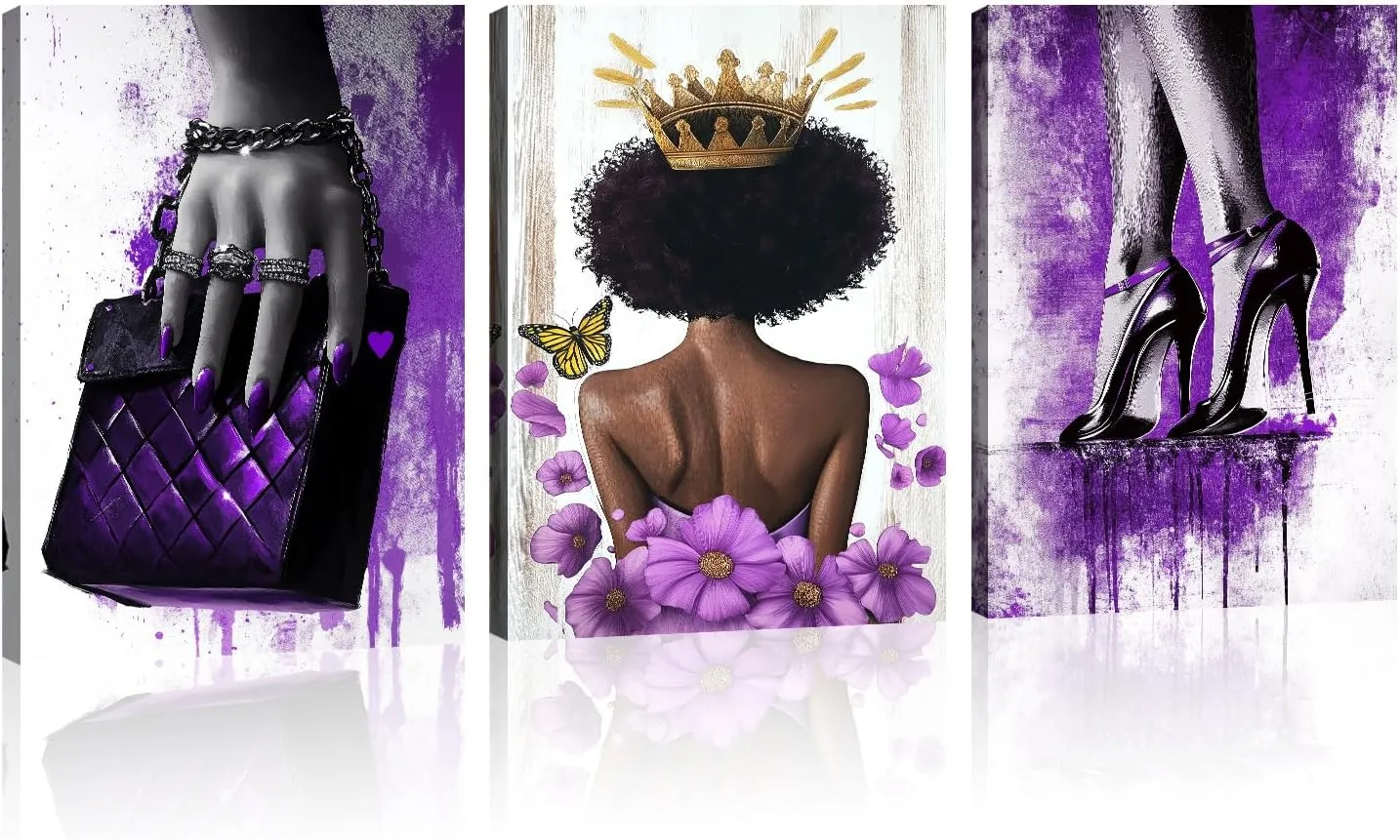 Black Woman Canvas Wall Art African American Wall Decor Purple Fashion Girl Picture High Heel Shoes Handbag Painting Abstract Prints Bedroom Living Room Decor Framed(Art-1,11.00"x14.00"x3P)