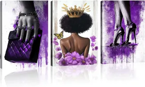 Black Woman Canvas Wall Art African American Wall Decor Purple Fashion Girl Picture High Heel Shoes Handbag Painting Abstract Prints Bedroom Living Room Decor Framed(Art-1,11.00"x14.00"x3P)