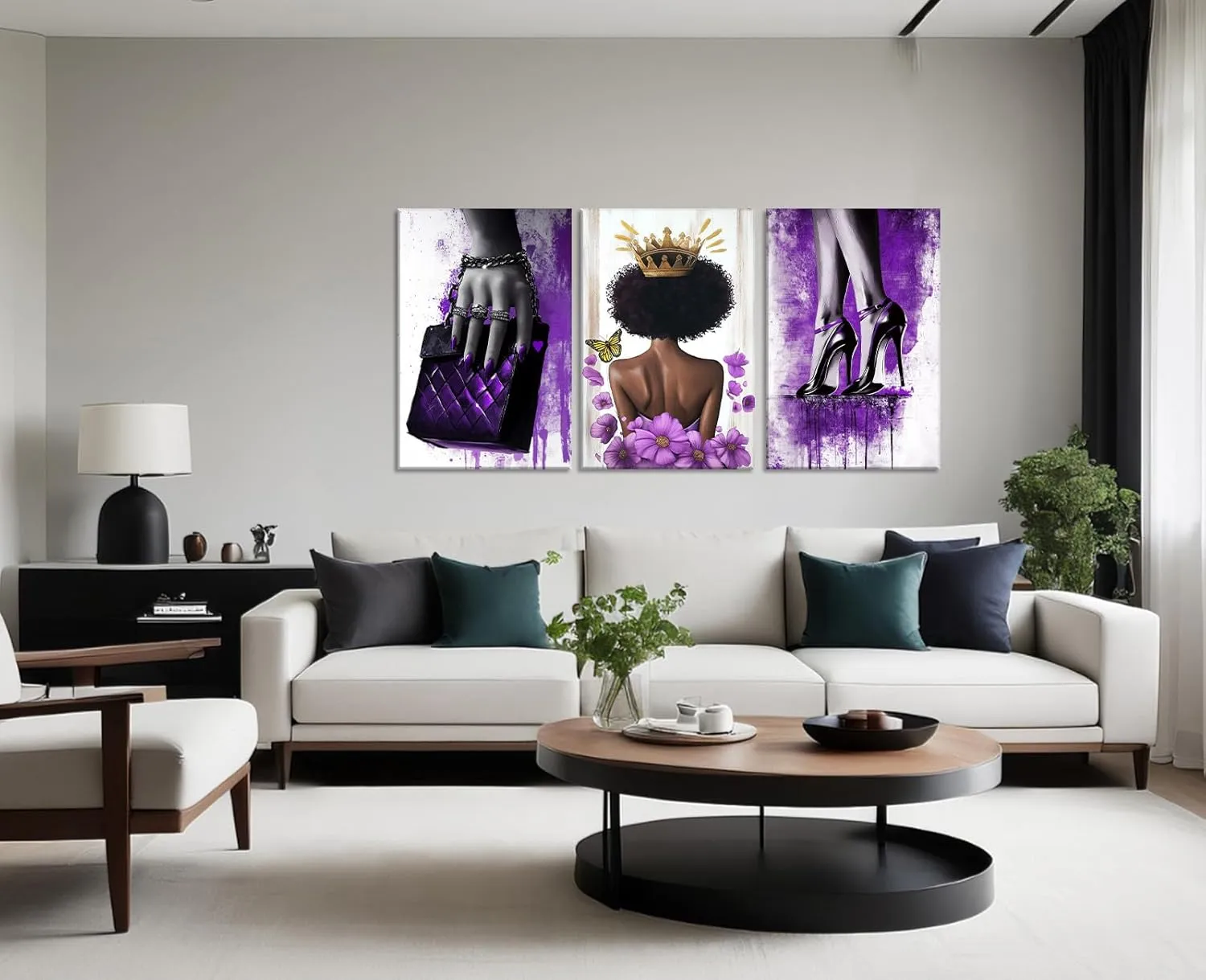 Black Woman Canvas Wall Art African American Wall Decor Purple Fashion Girl Picture High Heel Shoes Handbag Painting Abstract Prints Bedroom Living Room Decor Framed(Art-1,11.00"x14.00"x3P)