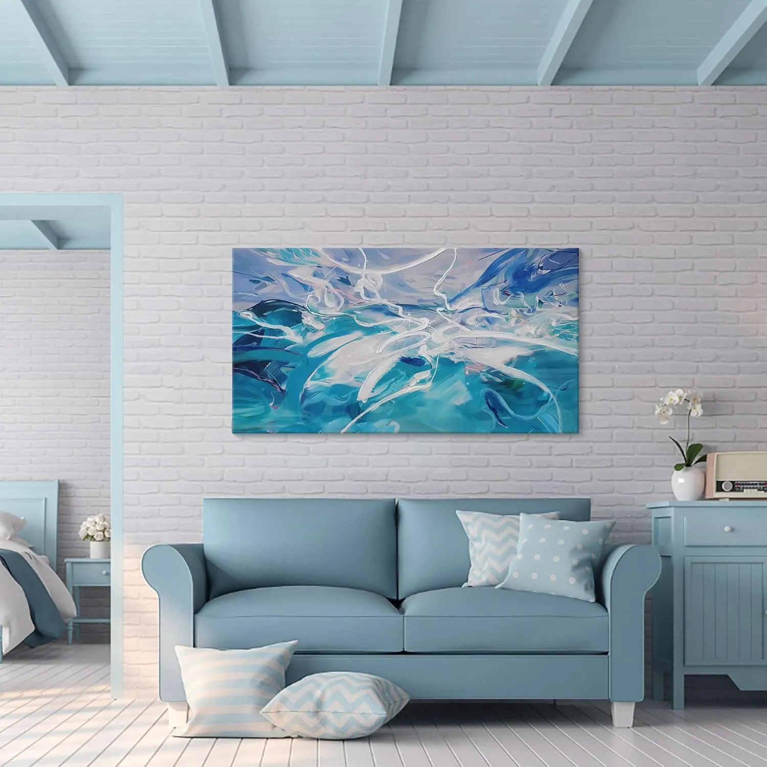 Blue Abstract Wall Art Modern Canvas Wall Paintings White Abstract Art for Living Room Pictures for Bedroom Wall Decor Office Home Decor Framed Artwork for Walls 20×40IN
