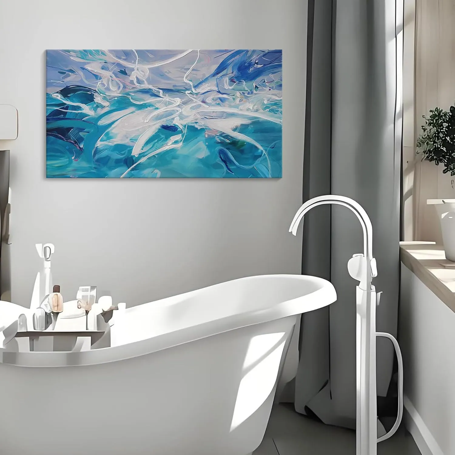 Blue Abstract Wall Art Modern Canvas Wall Paintings White Abstract Art for Living Room Pictures for Bedroom Wall Decor Office Home Decor Framed Artwork for Walls 20×40IN