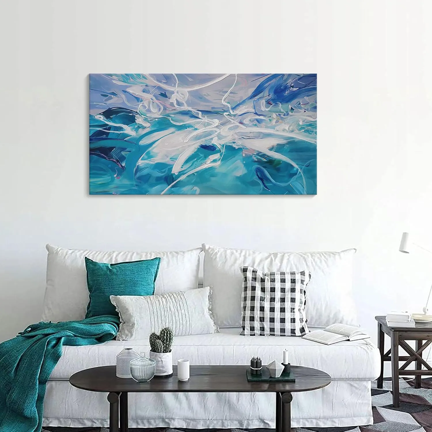 Blue Abstract Wall Art Modern Canvas Wall Paintings White Abstract Art for Living Room Pictures for Bedroom Wall Decor Office Home Decor Framed Artwork for Walls 20×40IN