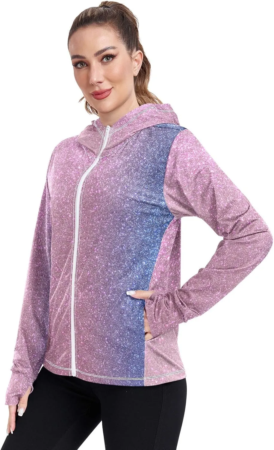 Blue Glitter Hoodie Jacket Upf 50 , Women Rash Guard Long Sleeve, Long Sleeve Zip up Hoodie, Outdoor Clothing