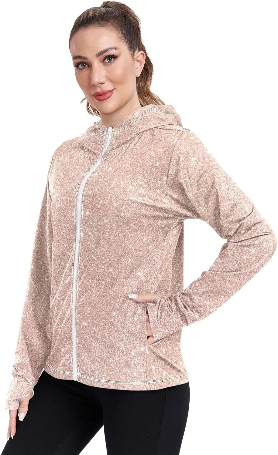 Blue Glitter Hoodie Jacket Upf 50 , Women Rash Guard Long Sleeve, Long Sleeve Zip up Hoodie, Outdoor Clothing