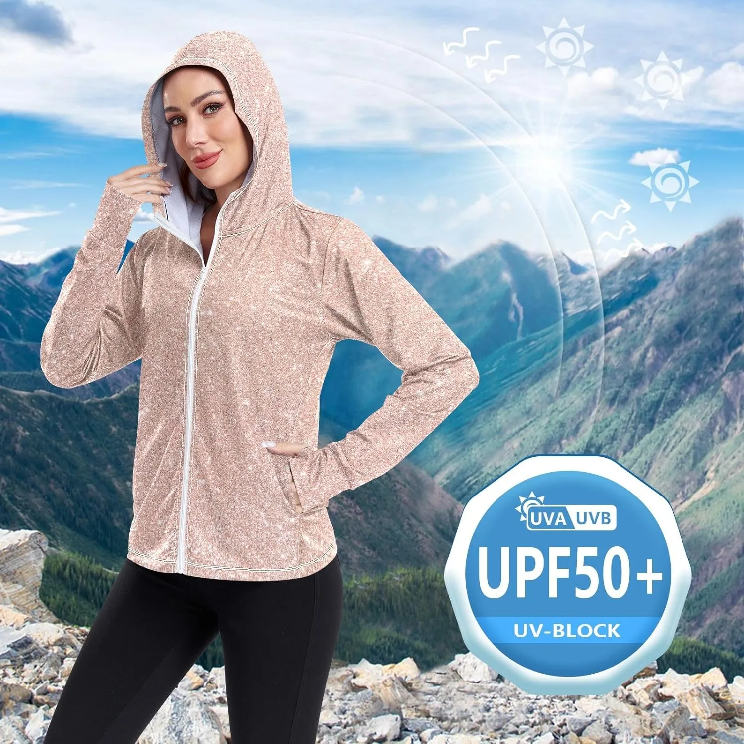 Blue Glitter Hoodie Jacket Upf 50 , Women Rash Guard Long Sleeve, Long Sleeve Zip up Hoodie, Outdoor Clothing