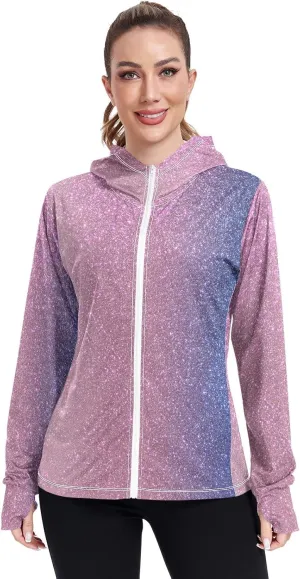 Blue Glitter Hoodie Jacket Upf 50 , Women Rash Guard Long Sleeve, Long Sleeve Zip up Hoodie, Outdoor Clothing