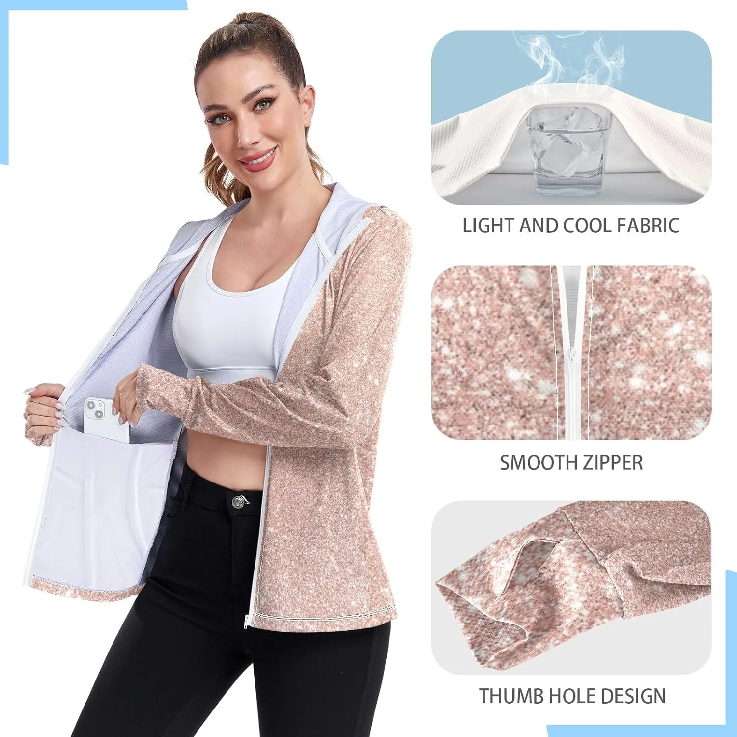 Blue Glitter Hoodie Jacket Upf 50 , Women Rash Guard Long Sleeve, Long Sleeve Zip up Hoodie, Outdoor Clothing