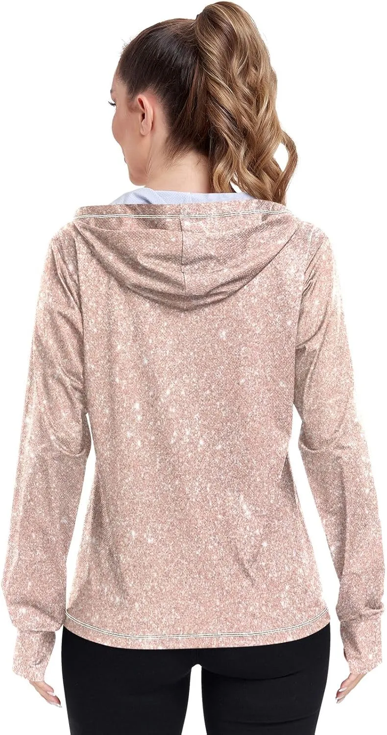 Blue Glitter Hoodie Jacket Upf 50 , Women Rash Guard Long Sleeve, Long Sleeve Zip up Hoodie, Outdoor Clothing