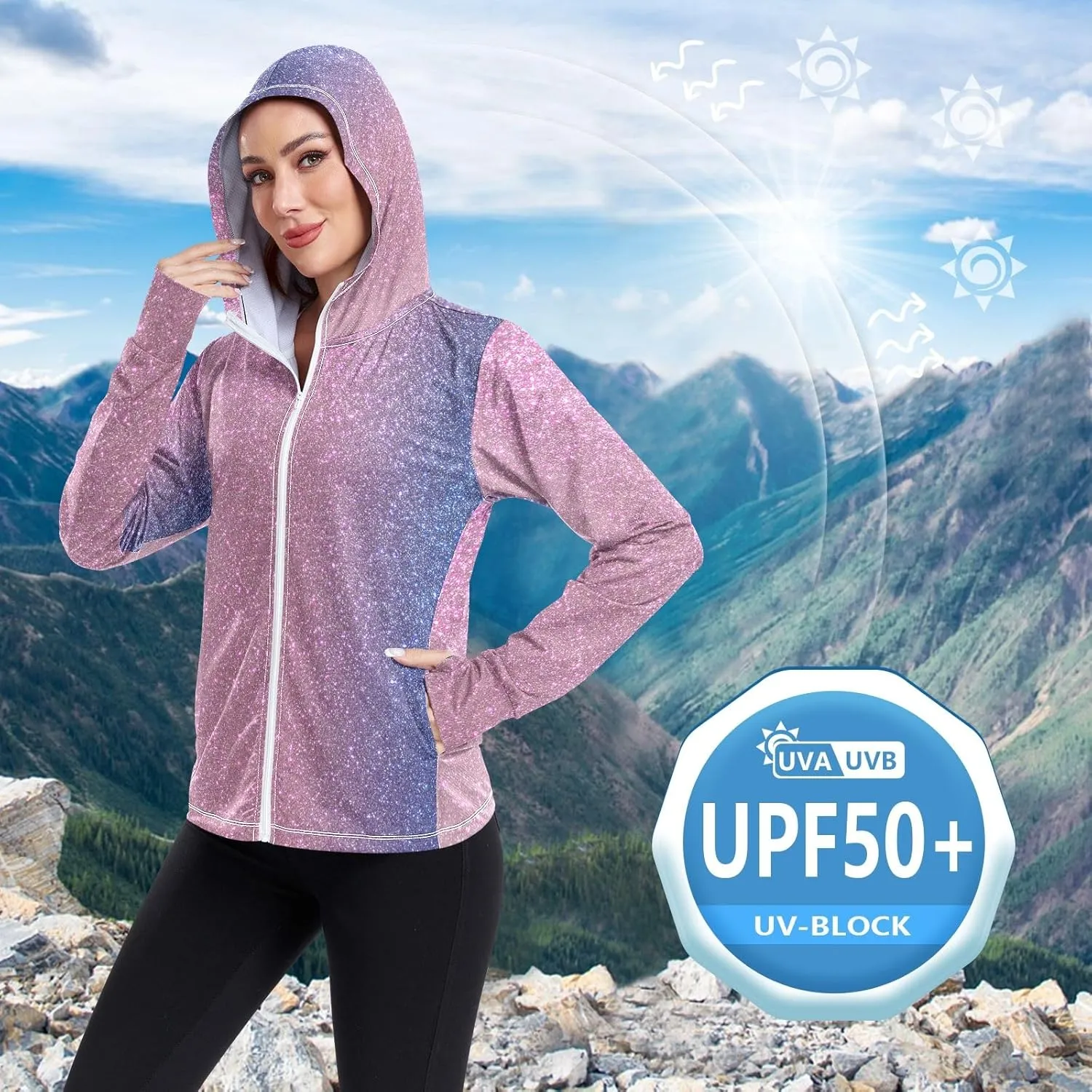 Blue Glitter Hoodie Jacket Upf 50 , Women Rash Guard Long Sleeve, Long Sleeve Zip up Hoodie, Outdoor Clothing