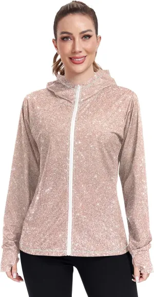 Blue Glitter Hoodie Jacket Upf 50 , Women Rash Guard Long Sleeve, Long Sleeve Zip up Hoodie, Outdoor Clothing