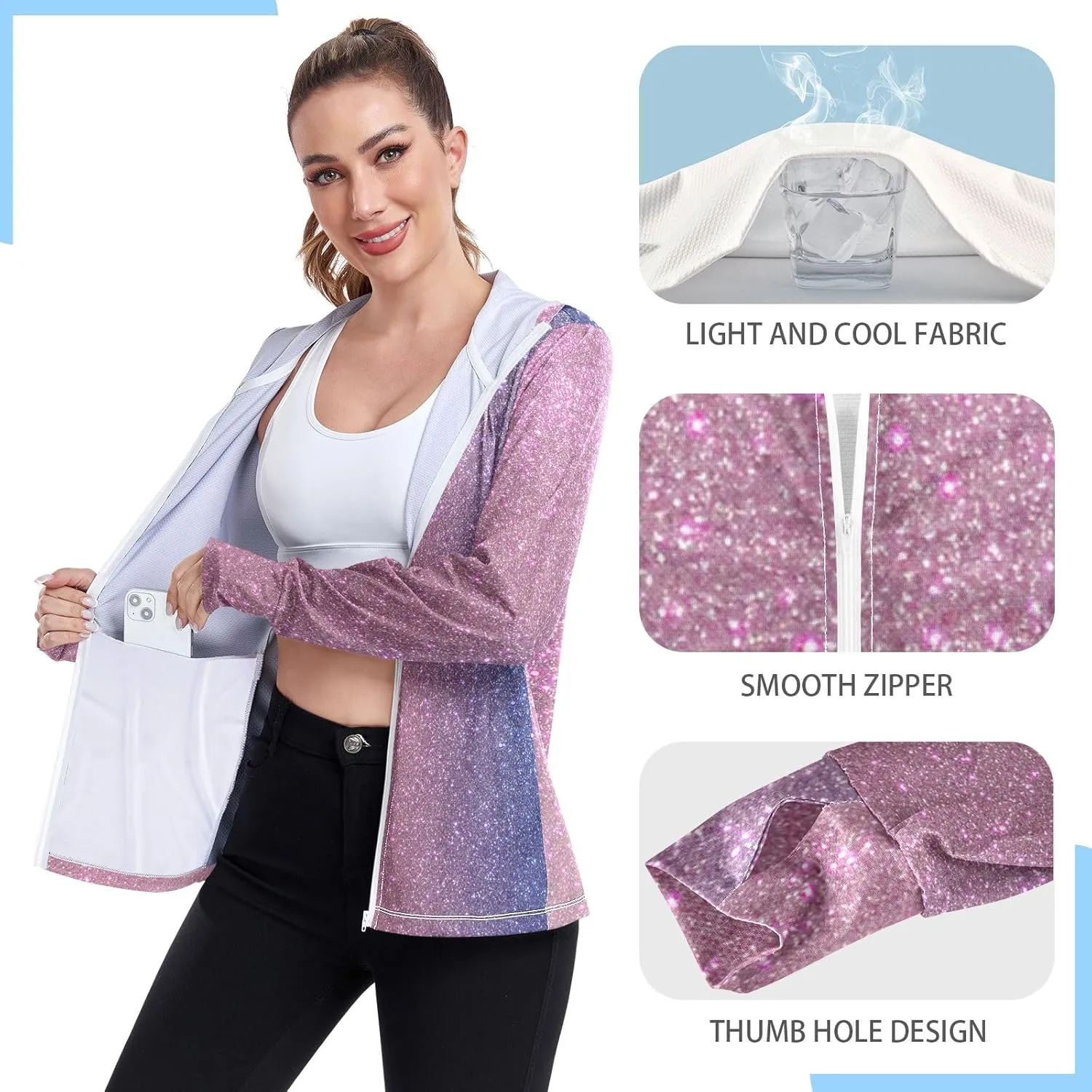 Blue Glitter Hoodie Jacket Upf 50 , Women Rash Guard Long Sleeve, Long Sleeve Zip up Hoodie, Outdoor Clothing