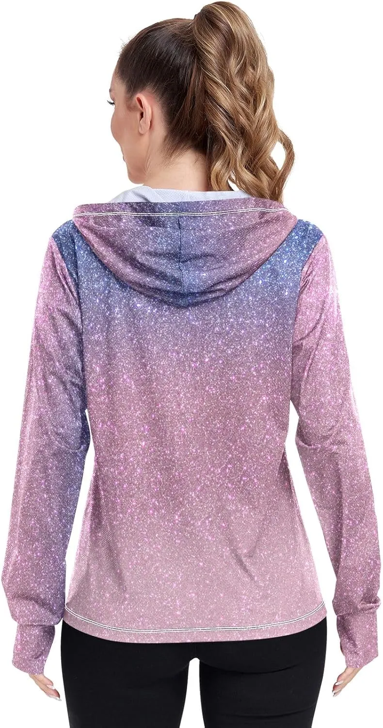 Blue Glitter Hoodie Jacket Upf 50 , Women Rash Guard Long Sleeve, Long Sleeve Zip up Hoodie, Outdoor Clothing