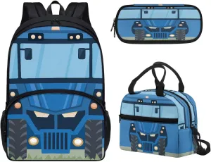 Blue Kids School Backpack Cartoon Car Bookbag Set of 3 Set Laptop Backpack Lunch Bag Pencil Case Gift for Teen Girls Casual Daypack Simple Modern Backpack Girls Casual Daypack