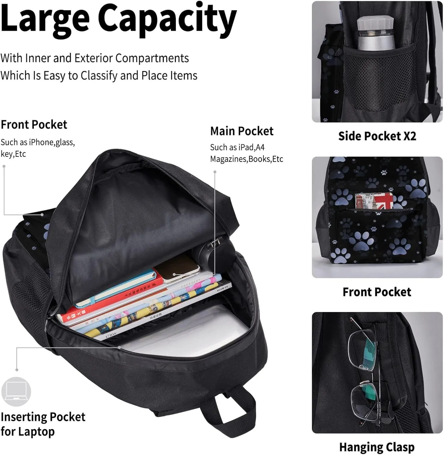 Blue Paw Prints Multifunctional Pocket Backpack Crossbody Lunch Bag Pencil Case 3Pcs Set Large Capacity Backpack