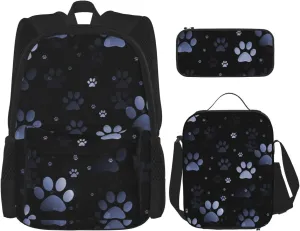 Blue Paw Prints Multifunctional Pocket Backpack Crossbody Lunch Bag Pencil Case 3Pcs Set Large Capacity Backpack