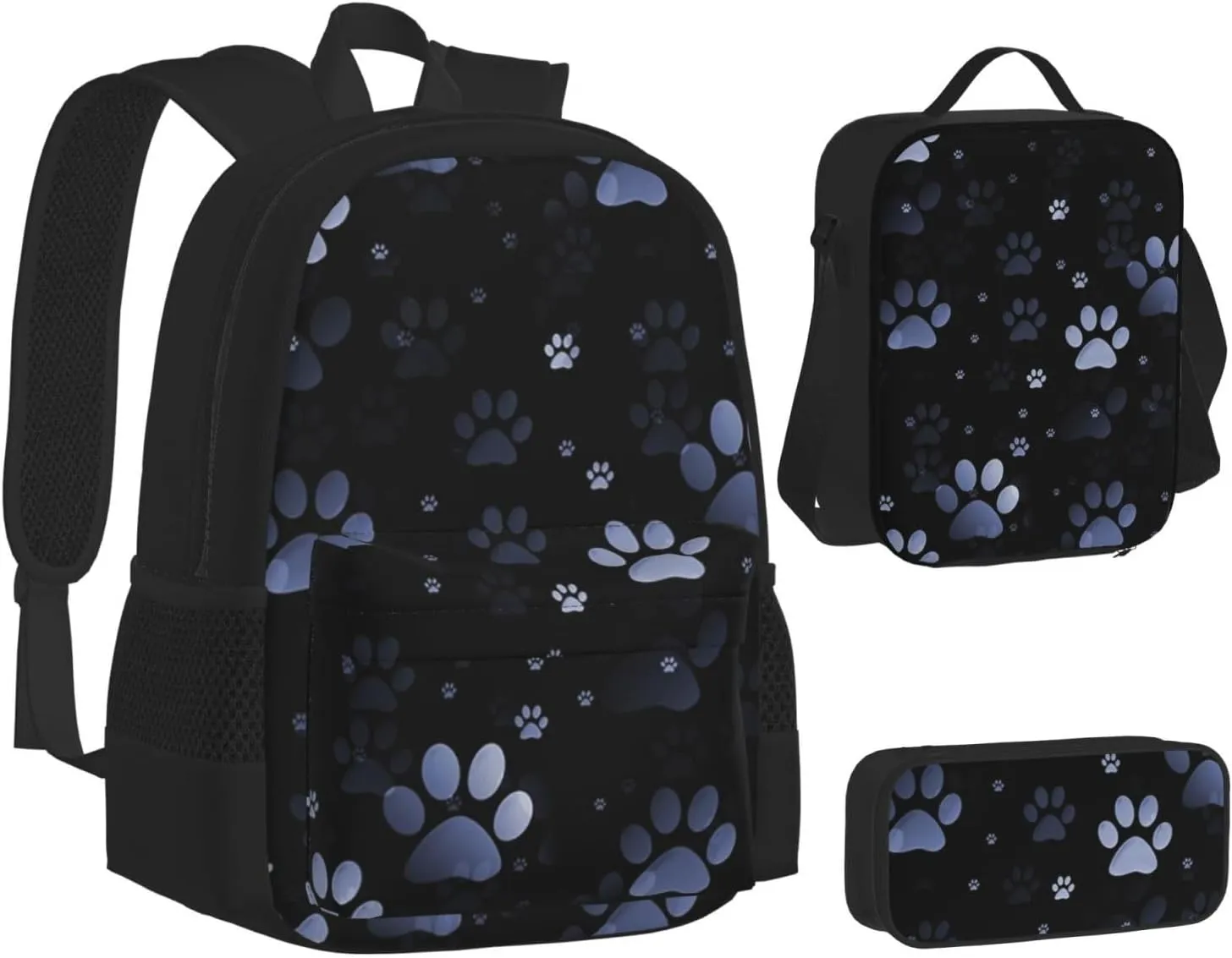 Blue Paw Prints Multifunctional Pocket Backpack Crossbody Lunch Bag Pencil Case 3Pcs Set Large Capacity Backpack