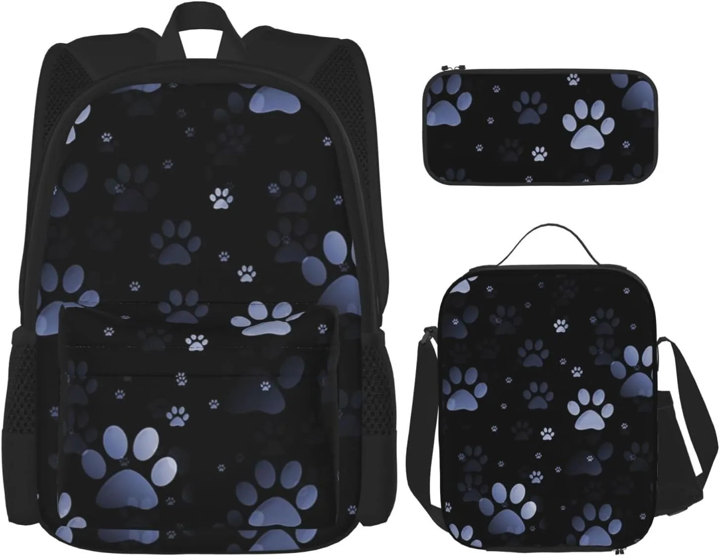 Blue Paw Prints Multifunctional Pocket Backpack Crossbody Lunch Bag Pencil Case 3Pcs Set Large Capacity Backpack