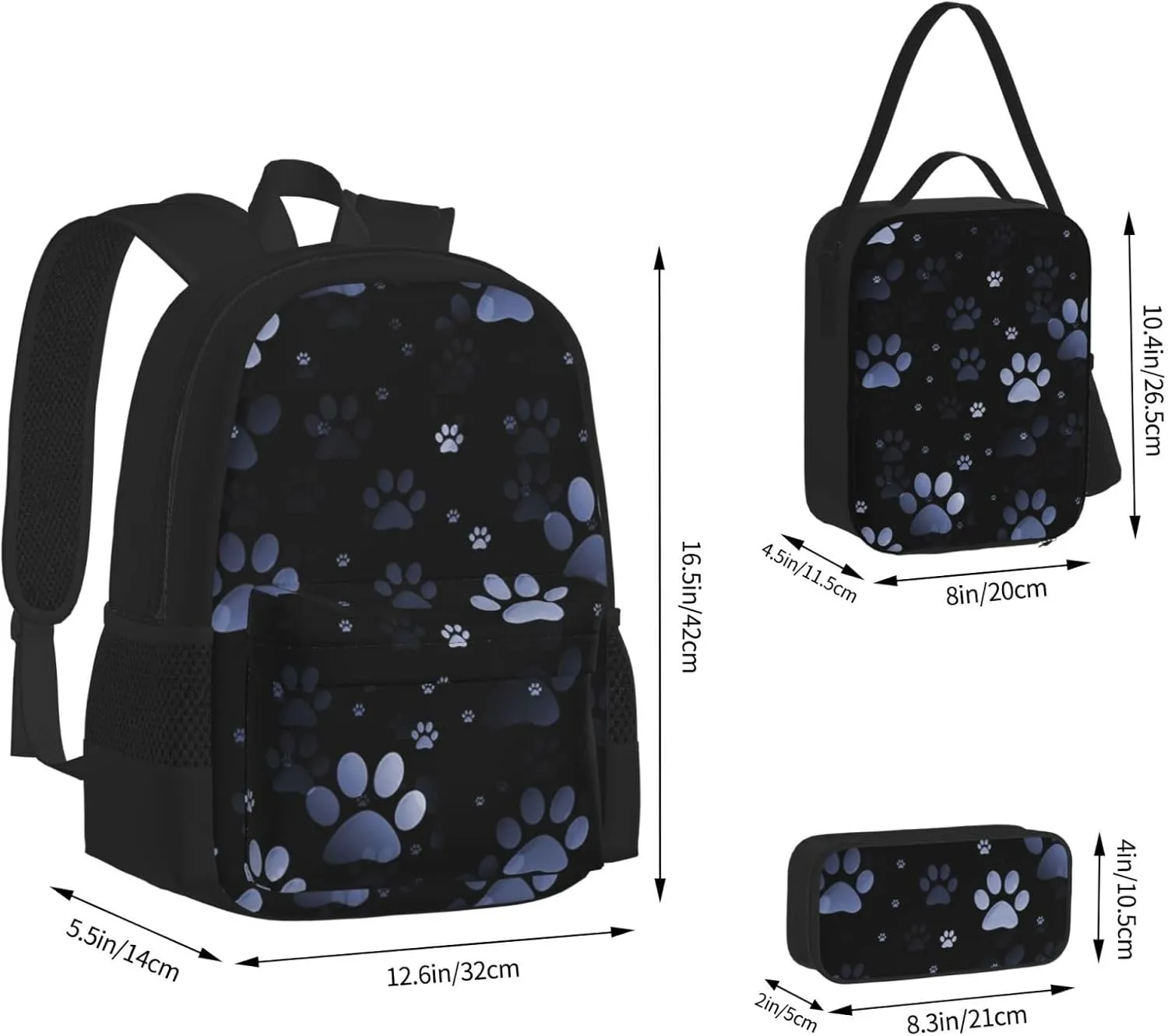 Blue Paw Prints Multifunctional Pocket Backpack Crossbody Lunch Bag Pencil Case 3Pcs Set Large Capacity Backpack