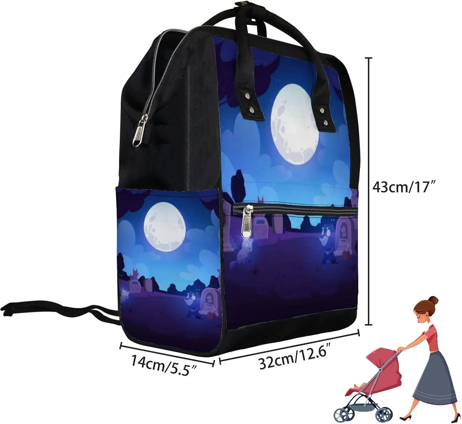 Blue Vintage Animal Graveyard Tombstones Diaper Bag Backpack, waterproof backpack Baby Nappy Changing Bags Laptop Backpack for Travel, Large Capacity, Durable and Stylish for Woman and Men.