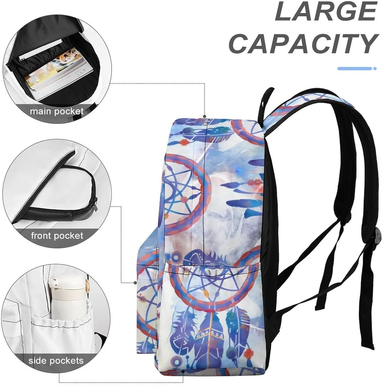 Blue Watercolor Dreamcatcher Modern Boho Classic And Stylish Large Capacity Portable Half Print Backpack