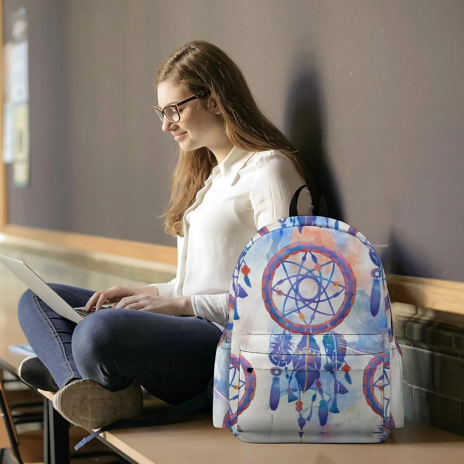 Blue Watercolor Dreamcatcher Modern Boho Classic And Stylish Large Capacity Portable Half Print Backpack