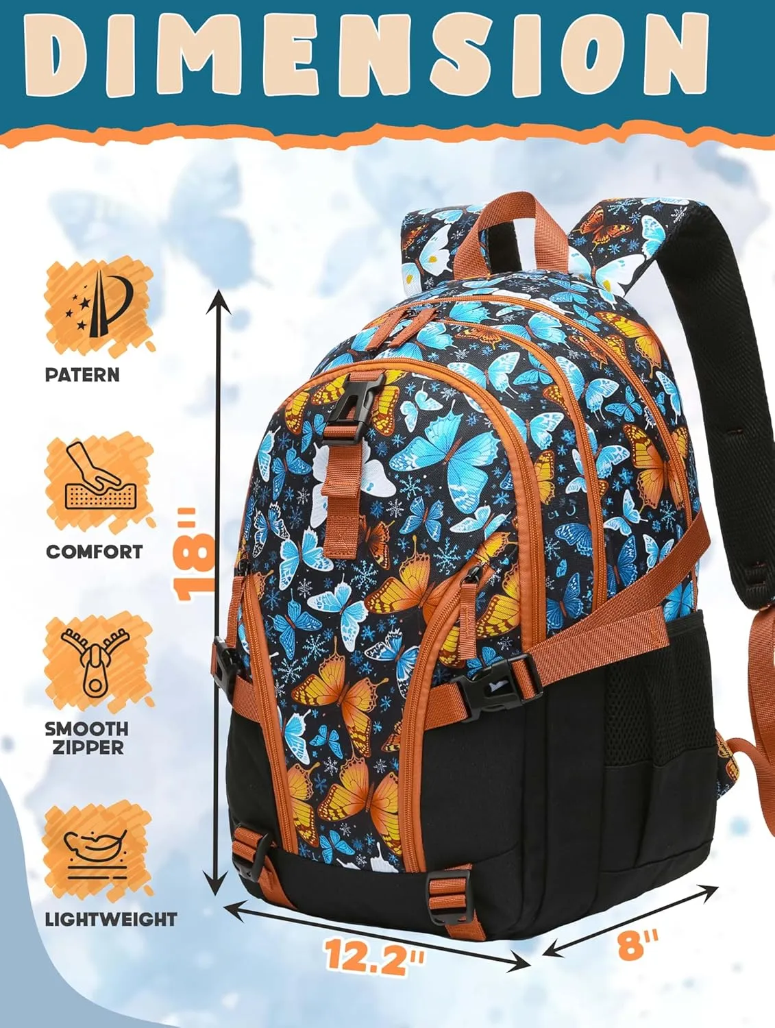 BLUEFAIRY Butterfly Backpack School Book Bag for Girls Women High School College Teens Bookbag for Adults with Lots Pockets Mochilas para Niñas 18" Orange