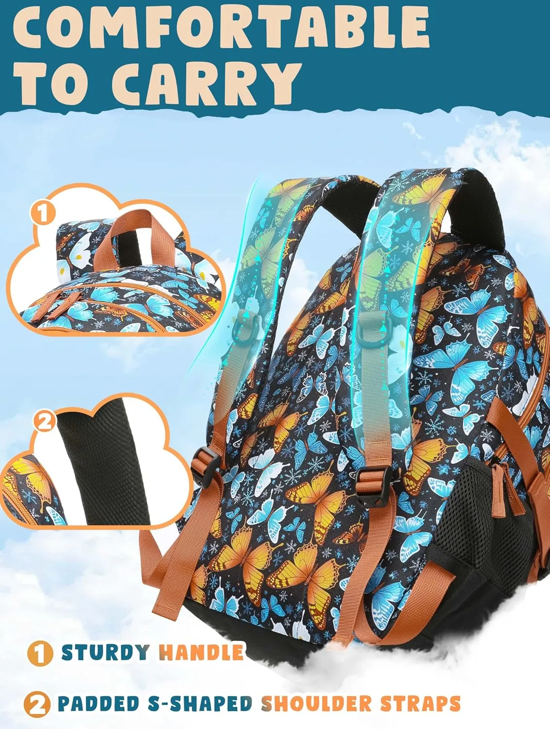 BLUEFAIRY Butterfly Backpack School Book Bag for Girls Women High School College Teens Bookbag for Adults with Lots Pockets Mochilas para Niñas 18" Orange