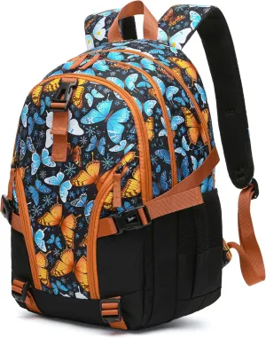BLUEFAIRY Butterfly Backpack School Book Bag for Girls Women High School College Teens Bookbag for Adults with Lots Pockets Mochilas para Niñas 18" Orange