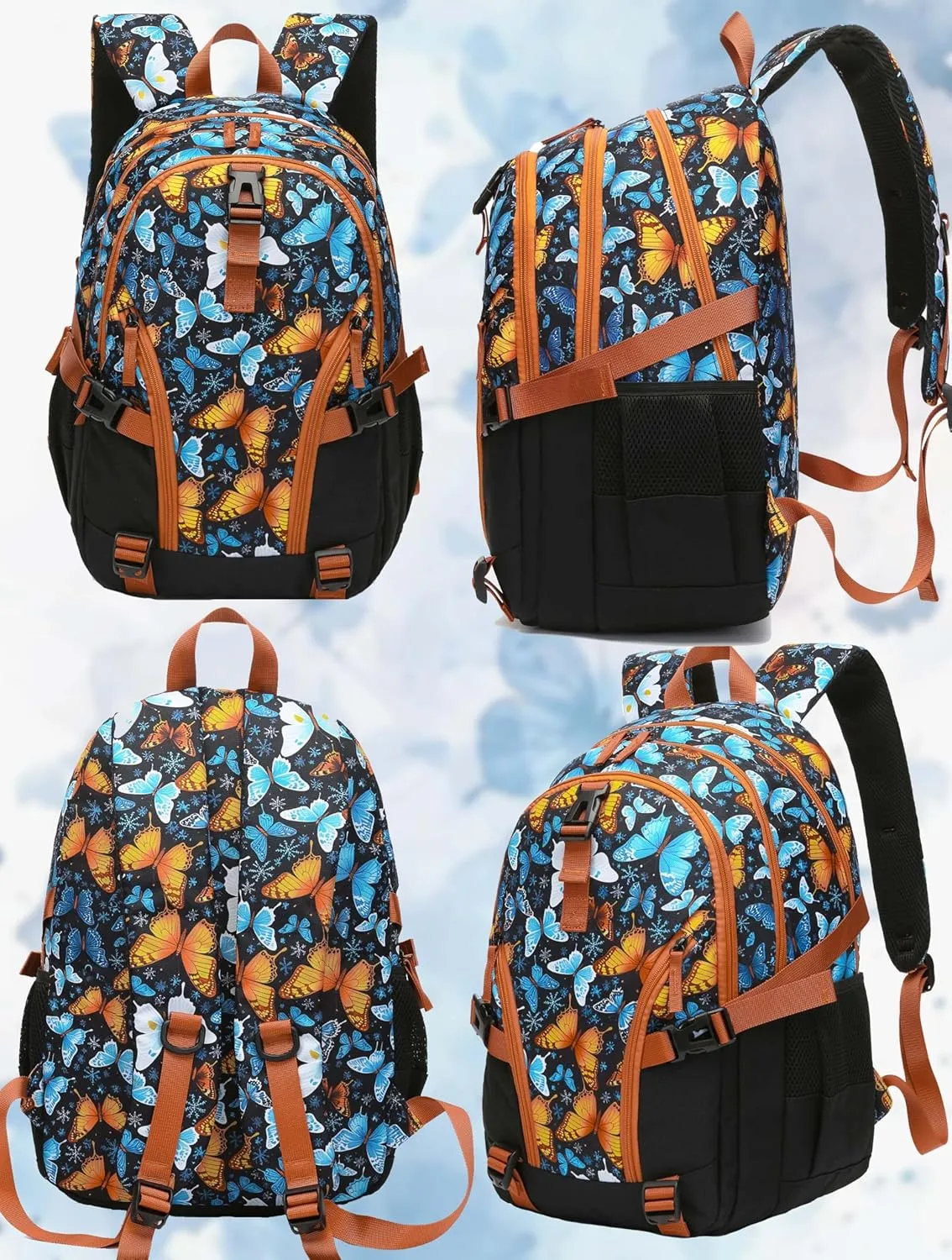 BLUEFAIRY Butterfly Backpack School Book Bag for Girls Women High School College Teens Bookbag for Adults with Lots Pockets Mochilas para Niñas 18" Orange