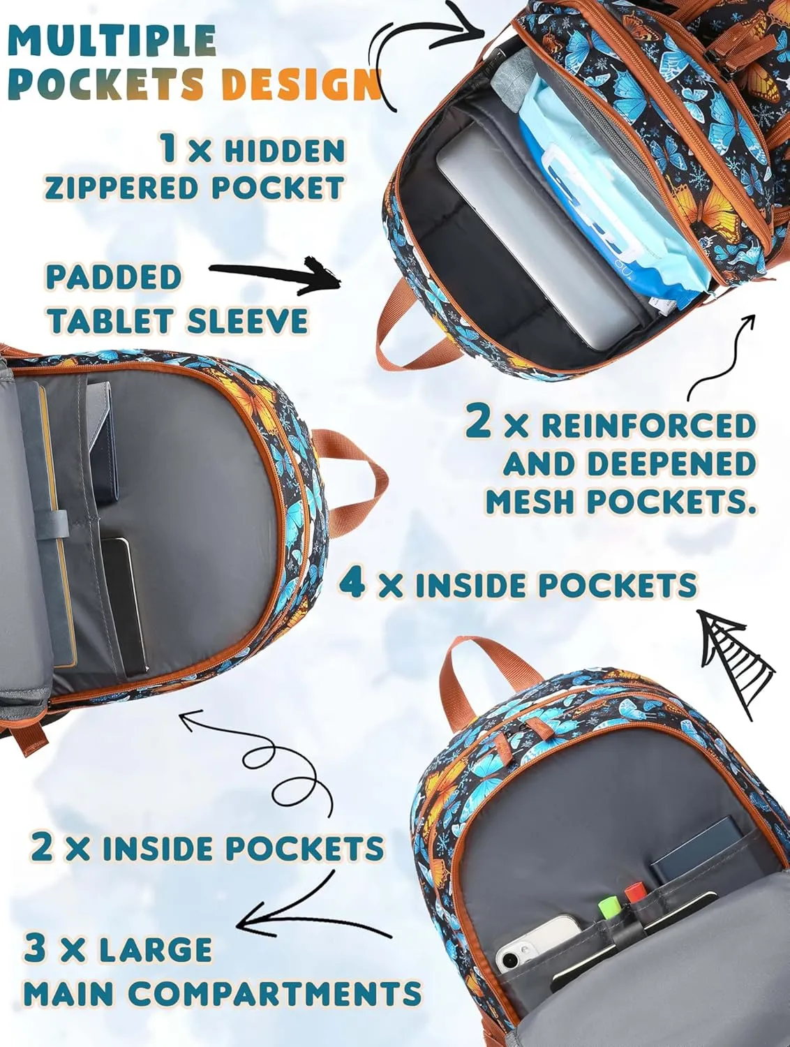 BLUEFAIRY Butterfly Backpack School Book Bag for Girls Women High School College Teens Bookbag for Adults with Lots Pockets Mochilas para Niñas 18" Orange