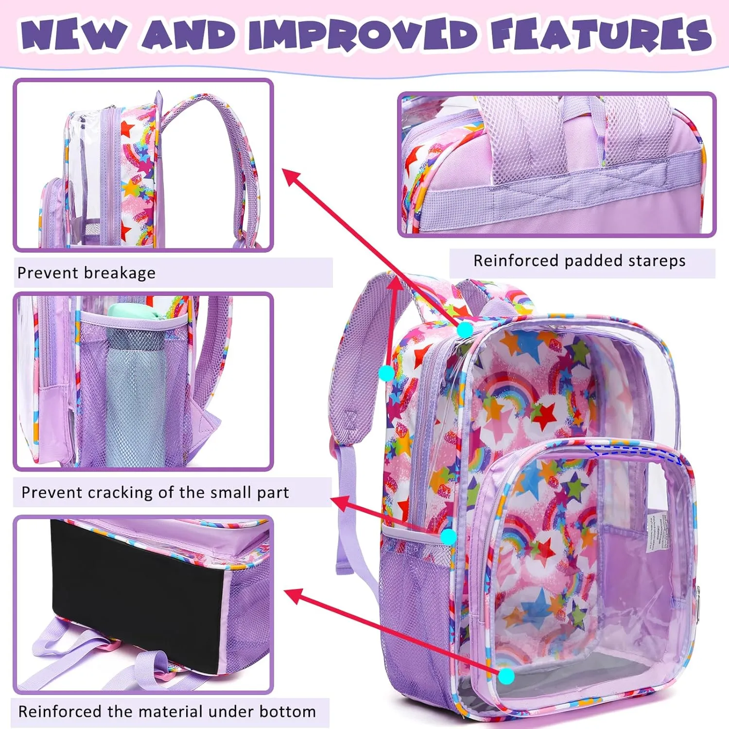 BLUEFAIRY Clear Backpack for School Stadium Approved Large PVC See Through Bag Heavy Duty Bookbag Transparent Plastic Bag for Kids Students Work Events 17" Rainbow Pink