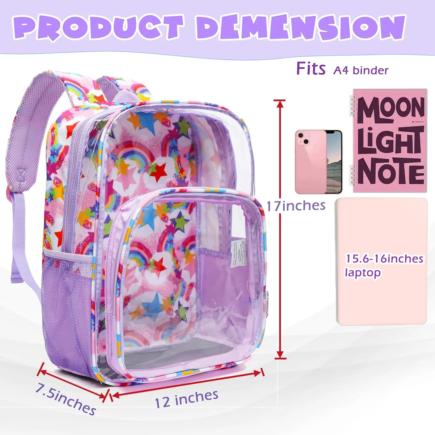 BLUEFAIRY Clear Backpack for School Stadium Approved Large PVC See Through Bag Heavy Duty Bookbag Transparent Plastic Bag for Kids Students Work Events 17" Rainbow Pink