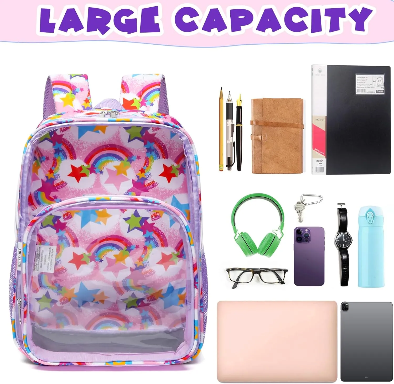BLUEFAIRY Clear Backpack for School Stadium Approved Large PVC See Through Bag Heavy Duty Bookbag Transparent Plastic Bag for Kids Students Work Events 17" Rainbow Pink