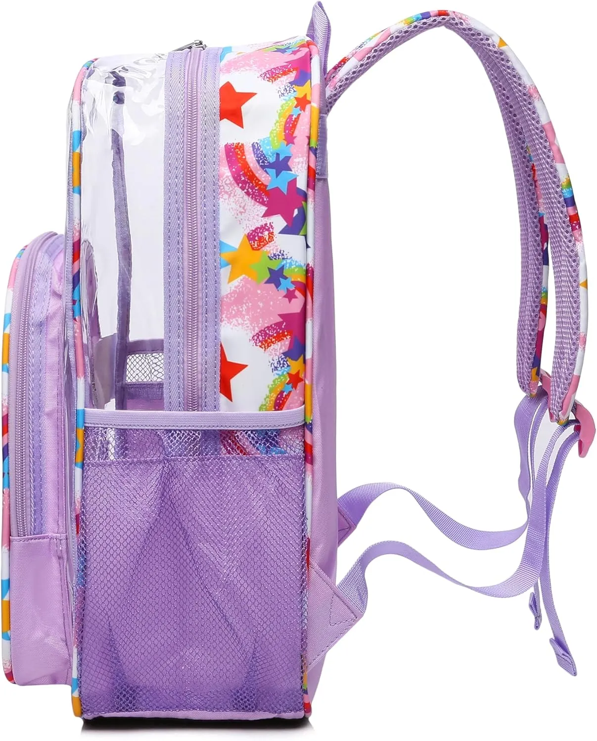 BLUEFAIRY Clear Backpack for School Stadium Approved Large PVC See Through Bag Heavy Duty Bookbag Transparent Plastic Bag for Kids Students Work Events 17" Rainbow Pink
