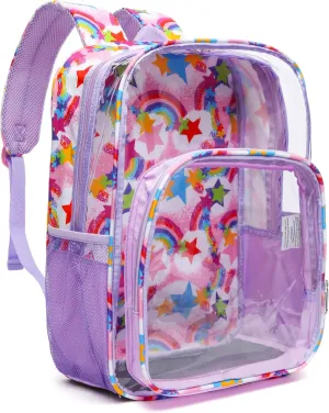 BLUEFAIRY Clear Backpack for School Stadium Approved Large PVC See Through Bag Heavy Duty Bookbag Transparent Plastic Bag for Kids Students Work Events 17" Rainbow Pink