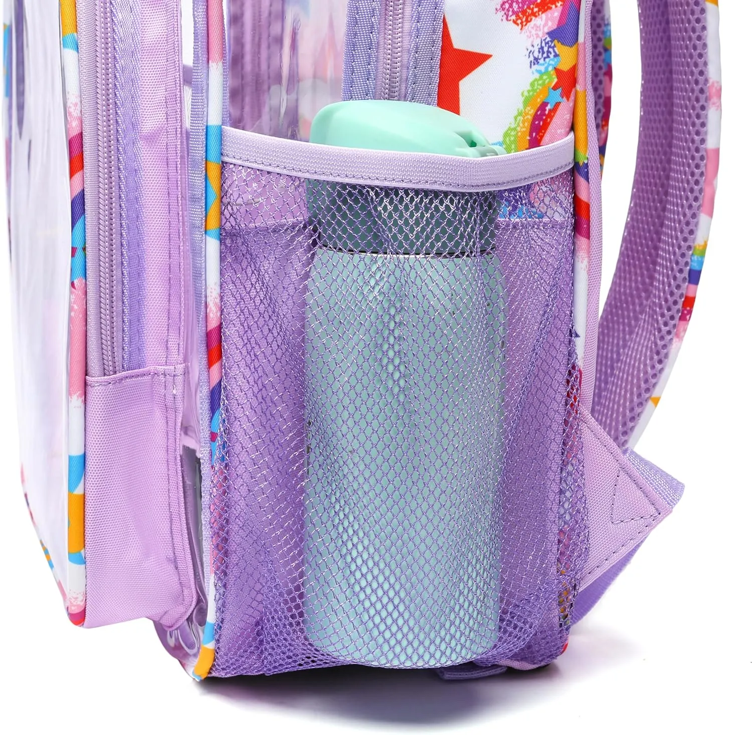 BLUEFAIRY Clear Backpack for School Stadium Approved Large PVC See Through Bag Heavy Duty Bookbag Transparent Plastic Bag for Kids Students Work Events 17" Rainbow Pink