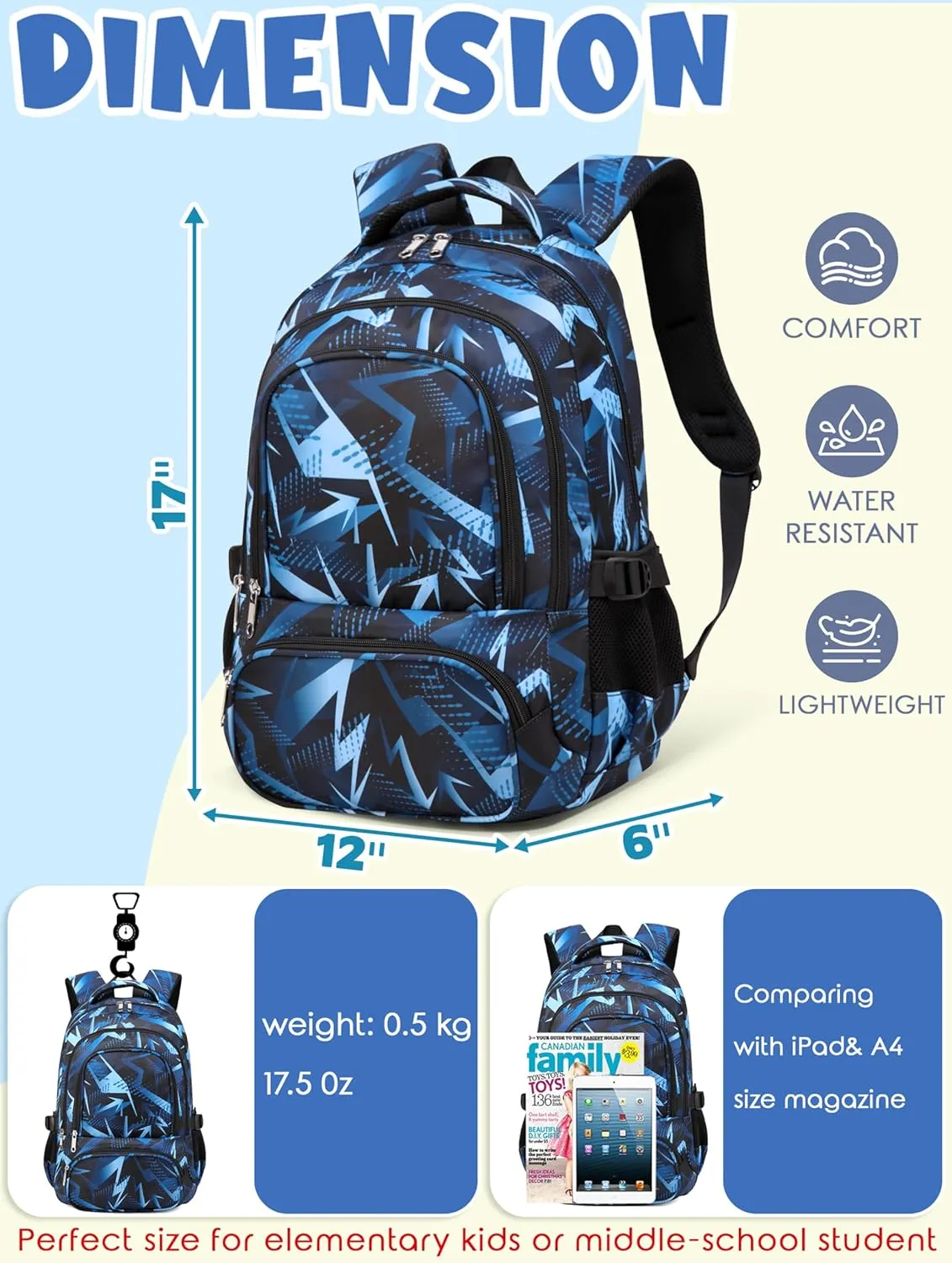BLUEFAIRY Kids Backpack for Boys Elementary Primary Middle School Bags for Child Bookbags Back to School Gifts with Tablet Sleeve Large Compartment Mochila Para Niños Age 6-10 Aegean Blue