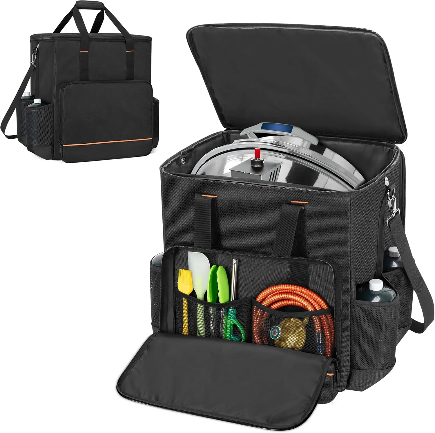 Boat Grill Storage Bag Compatible with Magma Marine Kettles, Grill Cover Carrying Case with 4 Side Pockets for 1lb Propane Cylinders, Padded Handle and Shoulder Strap, Tools Pockets, Black