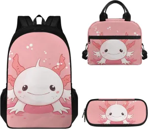 Boatee Cute Axolotl Kids School Bags for Girls School Bags for Kids Girls Ages 9-11 with Lunch Bag Pencil Bag 3 Pieces Set 5th / 6th Grade Back Packs School Girls Lunch Box and Pencil Case Set