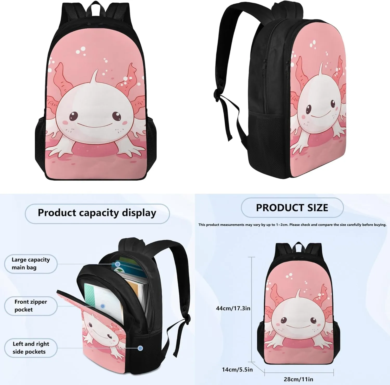 Boatee Cute Axolotl Kids School Bags for Girls School Bags for Kids Girls Ages 9-11 with Lunch Bag Pencil Bag 3 Pieces Set 5th / 6th Grade Back Packs School Girls Lunch Box and Pencil Case Set
