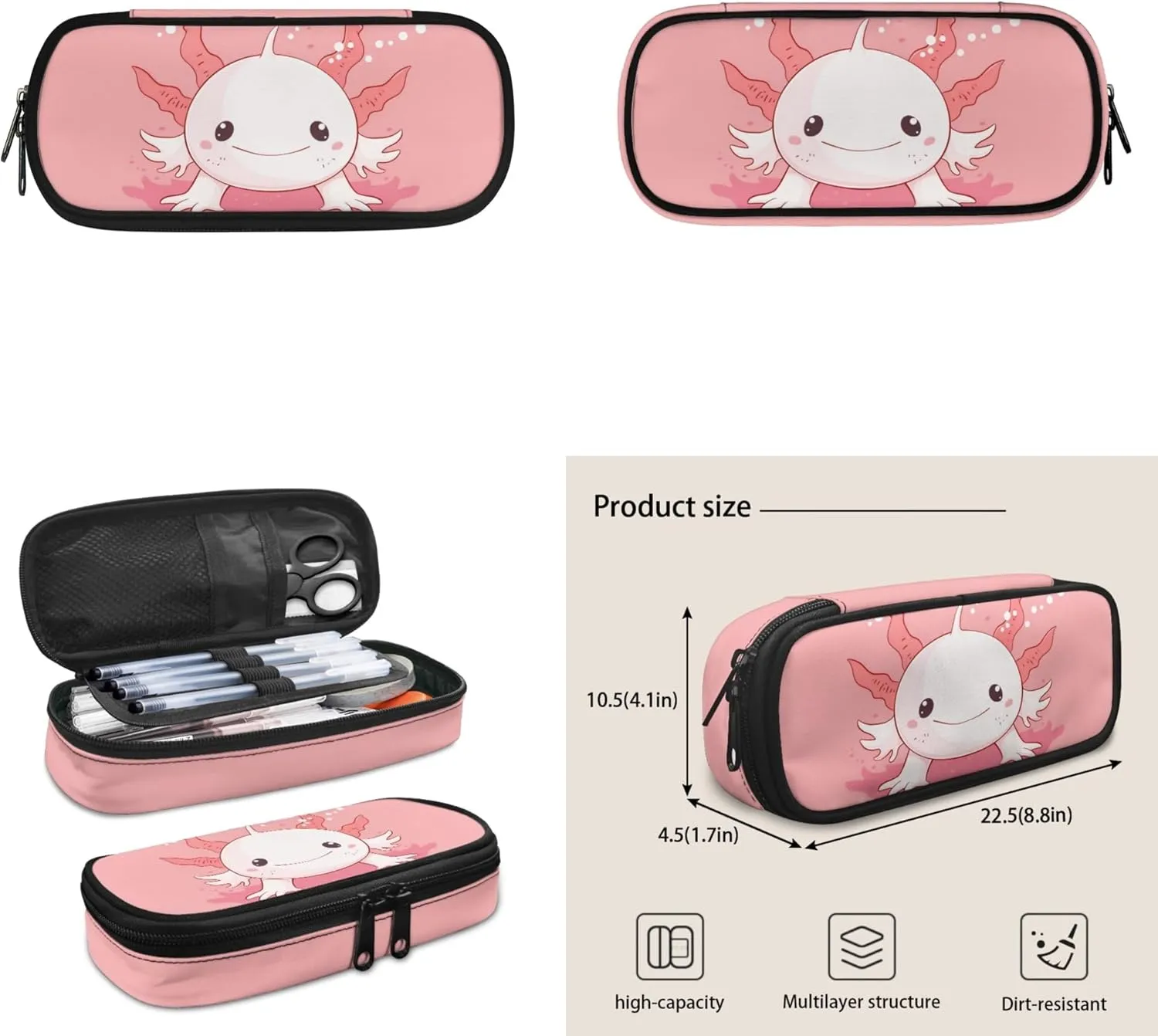 Boatee Cute Axolotl Kids School Bags for Girls School Bags for Kids Girls Ages 9-11 with Lunch Bag Pencil Bag 3 Pieces Set 5th / 6th Grade Back Packs School Girls Lunch Box and Pencil Case Set