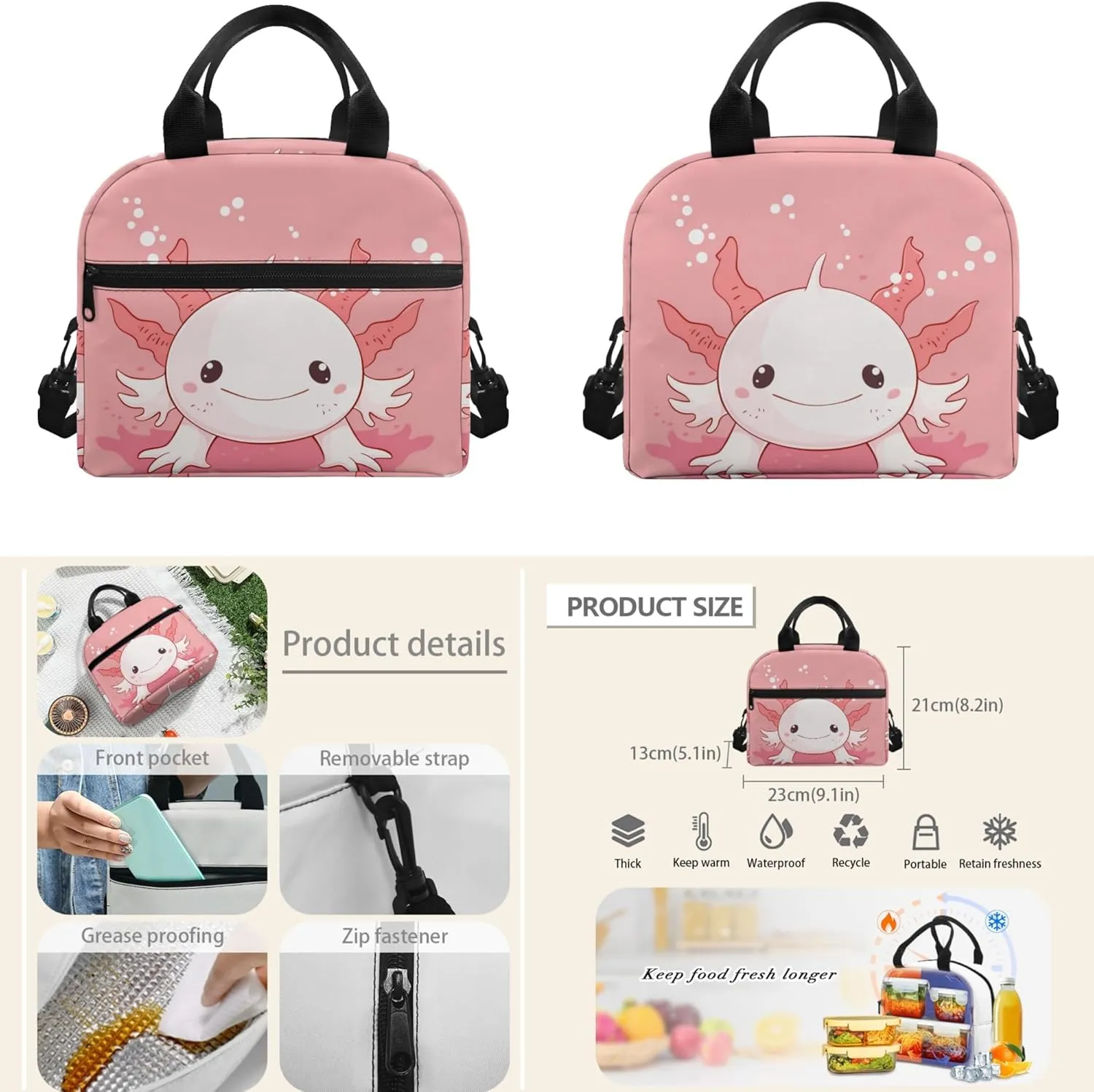 Boatee Cute Axolotl Kids School Bags for Girls School Bags for Kids Girls Ages 9-11 with Lunch Bag Pencil Bag 3 Pieces Set 5th / 6th Grade Back Packs School Girls Lunch Box and Pencil Case Set