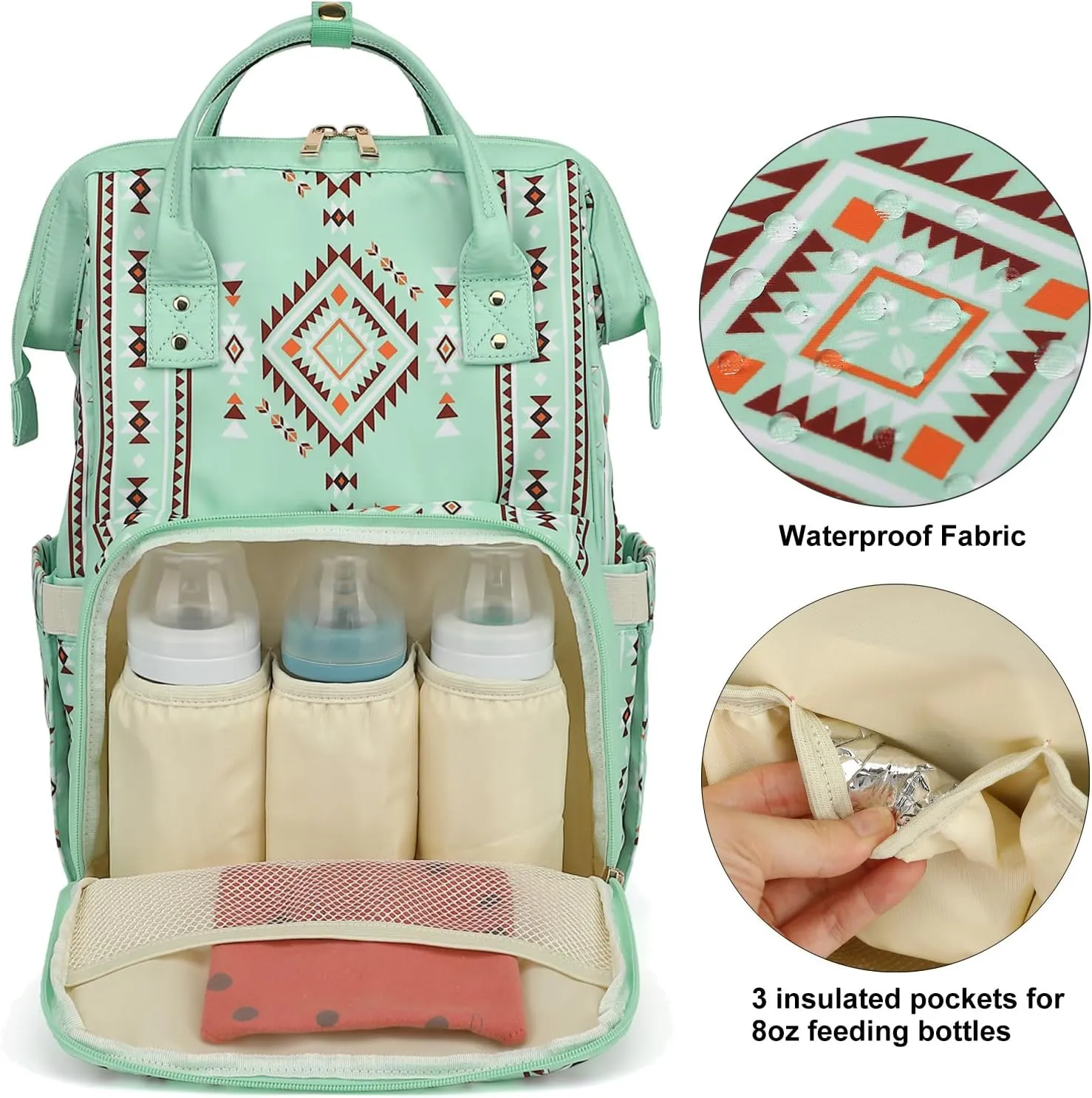Boho Diaper Bag Backpack for Mom Dad, Multifunctional Bohemia Baby Nappy Backpack with Stroller Straps Insulated Pockets (Green)