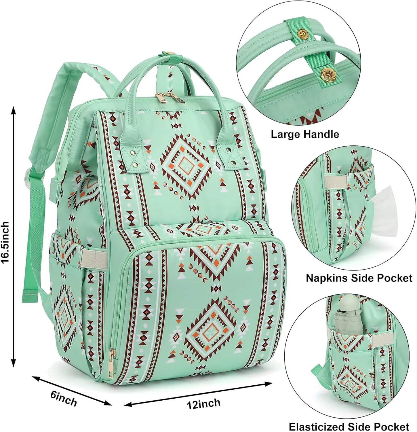 Boho Diaper Bag Backpack for Mom Dad, Multifunctional Bohemia Baby Nappy Backpack with Stroller Straps Insulated Pockets (Green)