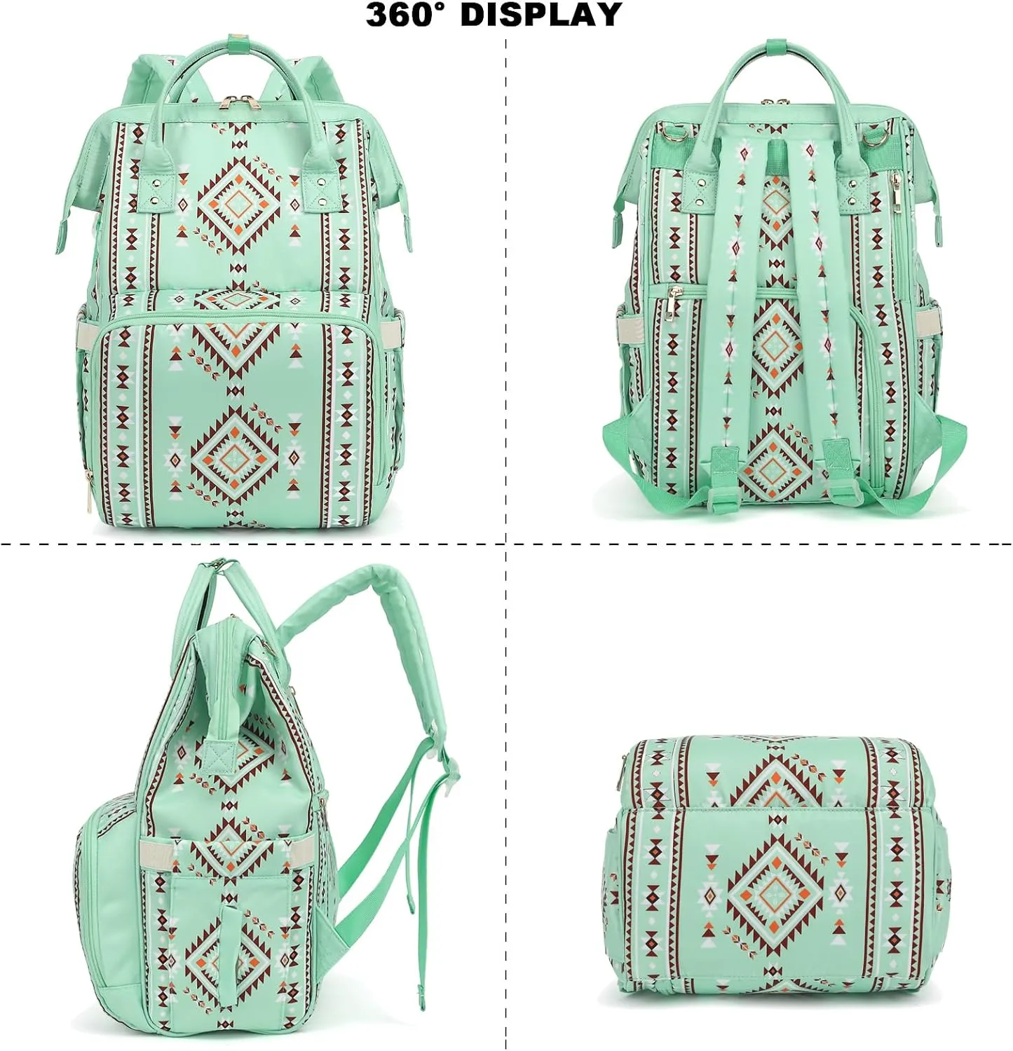 Boho Diaper Bag Backpack for Mom Dad, Multifunctional Bohemia Baby Nappy Backpack with Stroller Straps Insulated Pockets (Green)