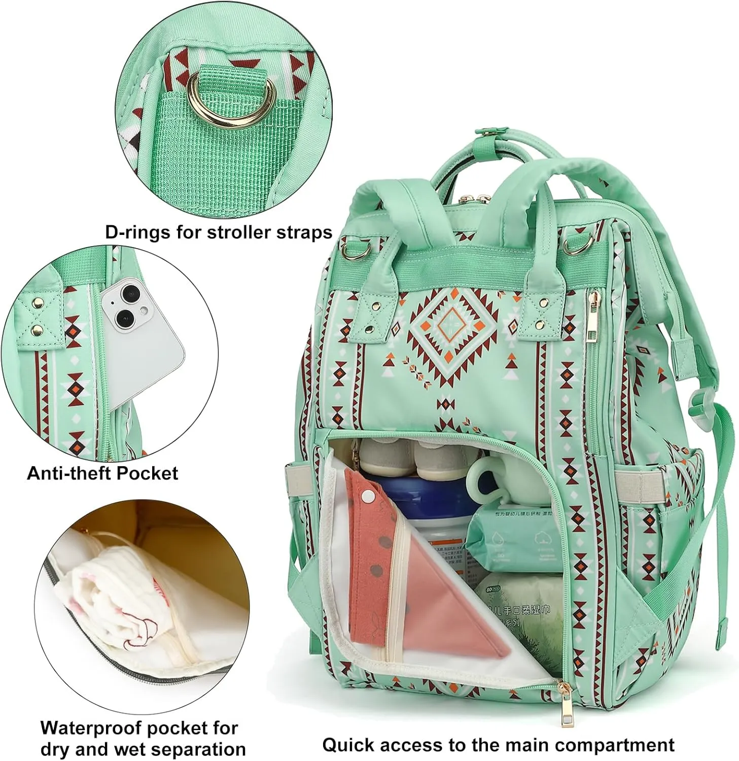 Boho Diaper Bag Backpack for Mom Dad, Multifunctional Bohemia Baby Nappy Backpack with Stroller Straps Insulated Pockets (Green)