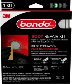 Bondo Body Repair Kit Ready Mix Pouches, Repairs One Large Hole Up to 3" with Patch, 1 Original Filler & Hardener, 1 Fiberglass Filler & Hardener, 1 Self-Adhesive Body Patch, 1 Spreader (BRKIT-2PK-ES)